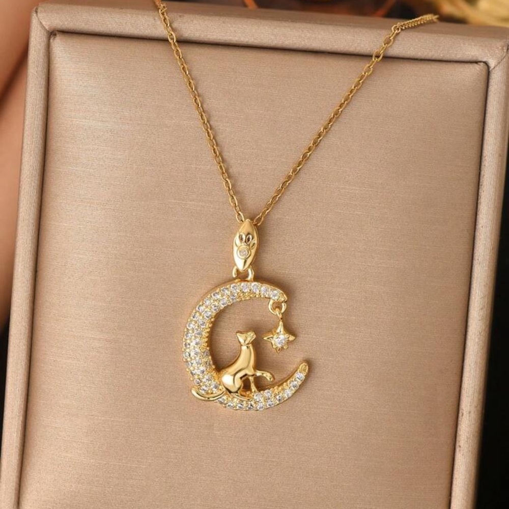 18k Gold Plated Cat and Moon Necklace, Crescent Moon and Cat Necklace